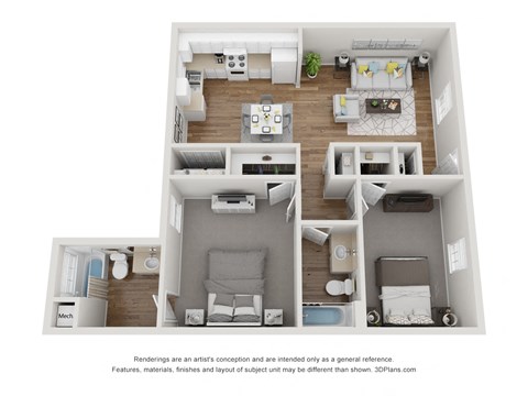 Floor plan for 2 beds, 2 baths, 981 sqft